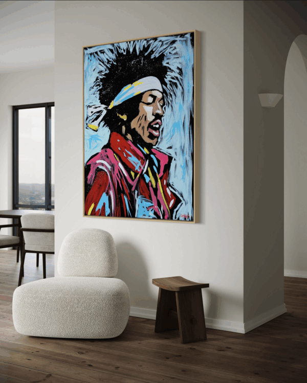 Hendrix x Henrix art print on canvas displayed in modern living room setting